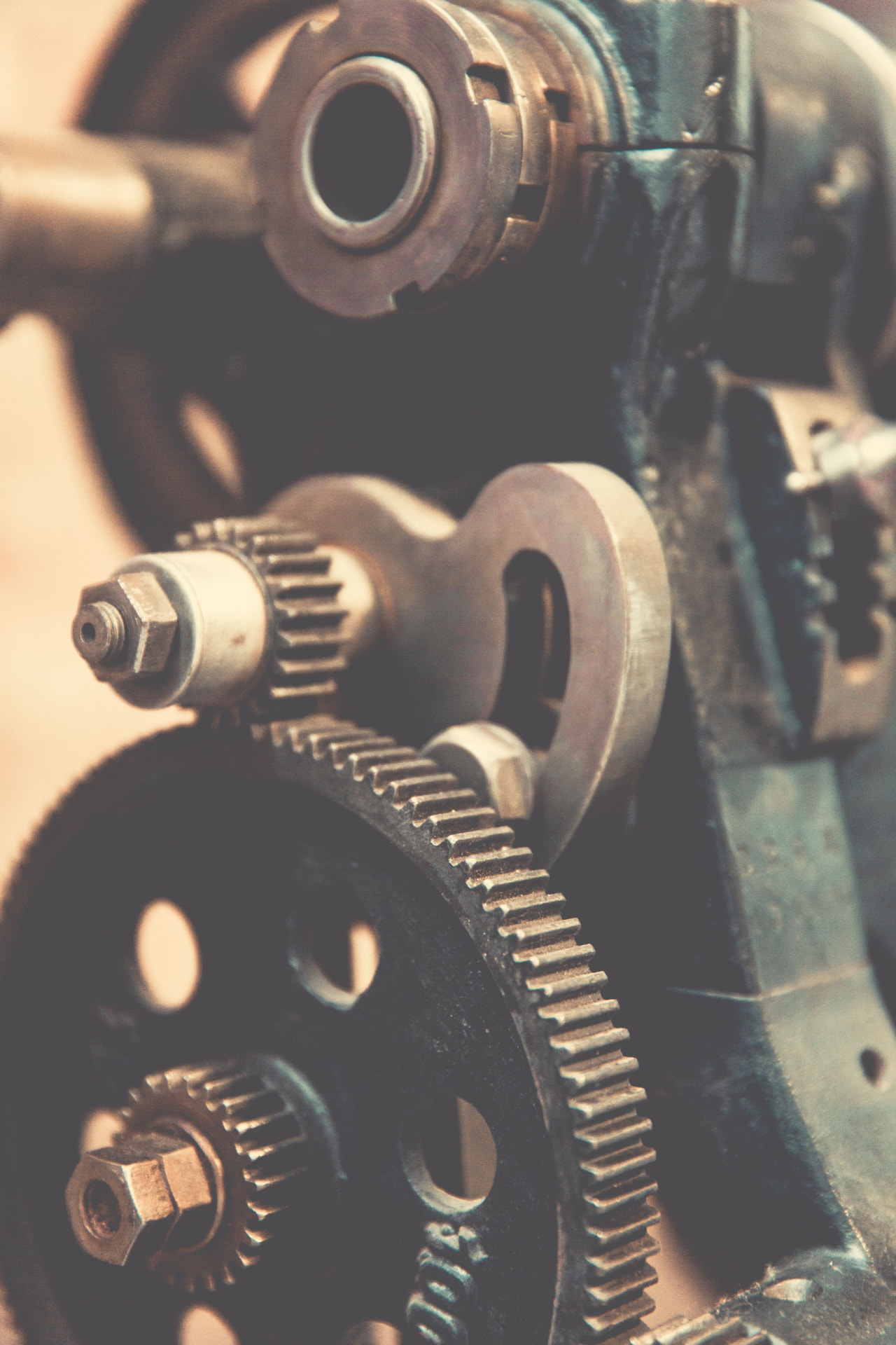 Close-up of classic engine gears and machined metal components